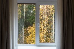 A beautiful pair of windows featuring a view of some trees outside.